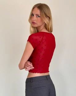 Motel Rocks Printed Tops | Going Out Tops-Rada Top in Red Heart Flocked Mesh RedHeartFlockedMesh