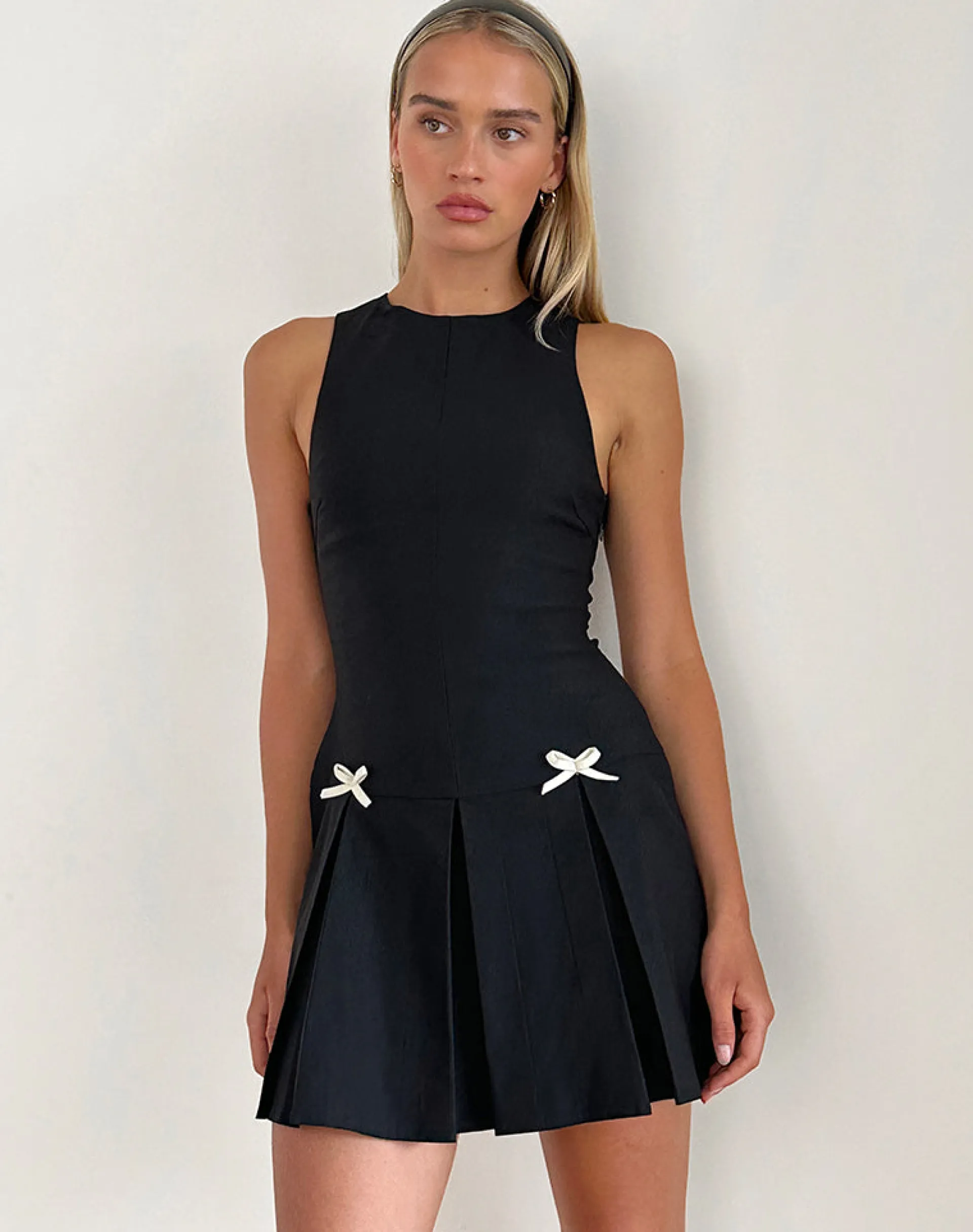 Motel Rocks Tailoring | Little Black Dresses-Radeta Mini Dress in Black with Ivory Bows
