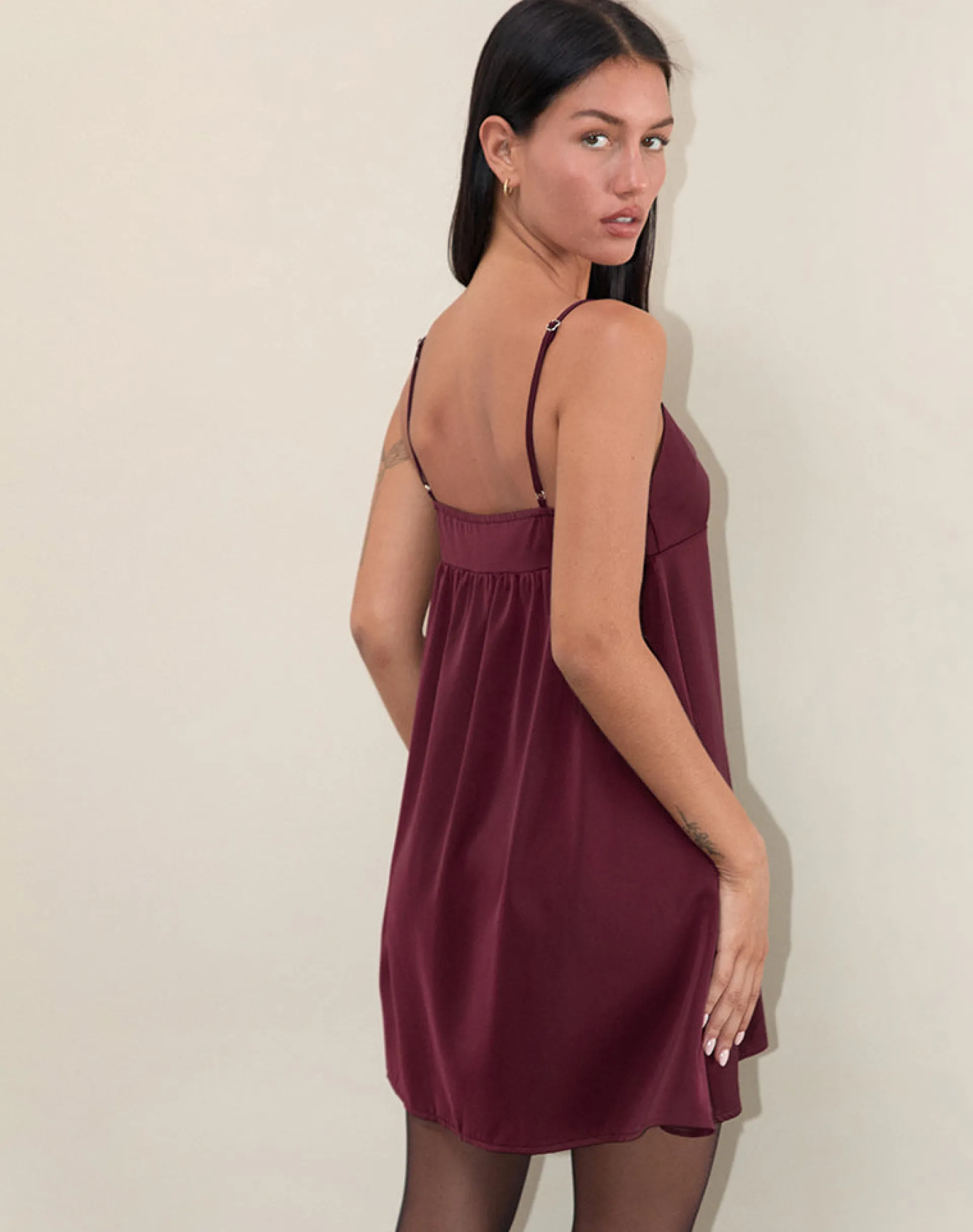 Motel Rocks Mini Dresses-Rafaila Mini Slip Dress in Satin Burgundy