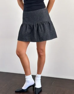 Motel Rocks Pleated Skirts | Mini Skirts-Raffita Mini Skirt in Black Denim Chambray BlackDenimChambray
