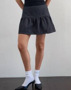 Motel Rocks Pleated Skirts | Mini Skirts-Raffita Mini Skirt in Black Denim Chambray BlackDenimChambray