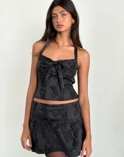 Motel Rocks Mini Skirts-Raffita Mini Skirt in Satin Jacquard Black SatinJacquardBlack
