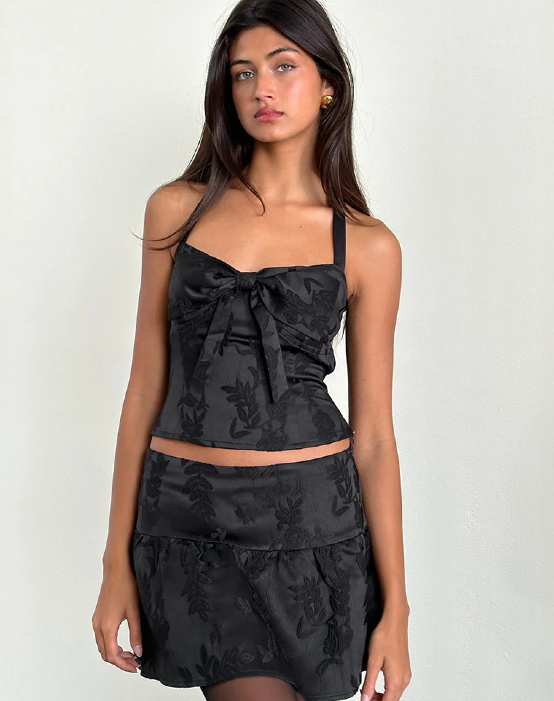 Motel Rocks Mini Skirts-Raffita Mini Skirt in Satin Jacquard Black SatinJacquardBlack