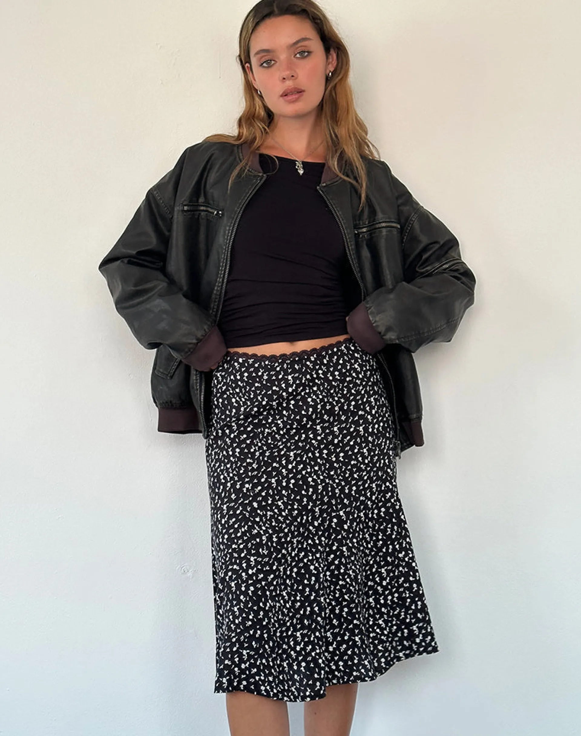 Motel Rocks Printed Skirts | Midi Skirts-Rahyu Midi Skirt in Black Ditsy Romance