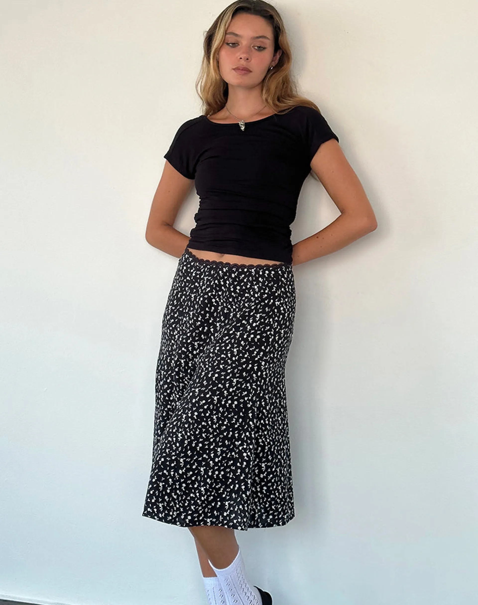 Motel Rocks Printed Skirts | Midi Skirts-Rahyu Midi Skirt in Black Ditsy Romance