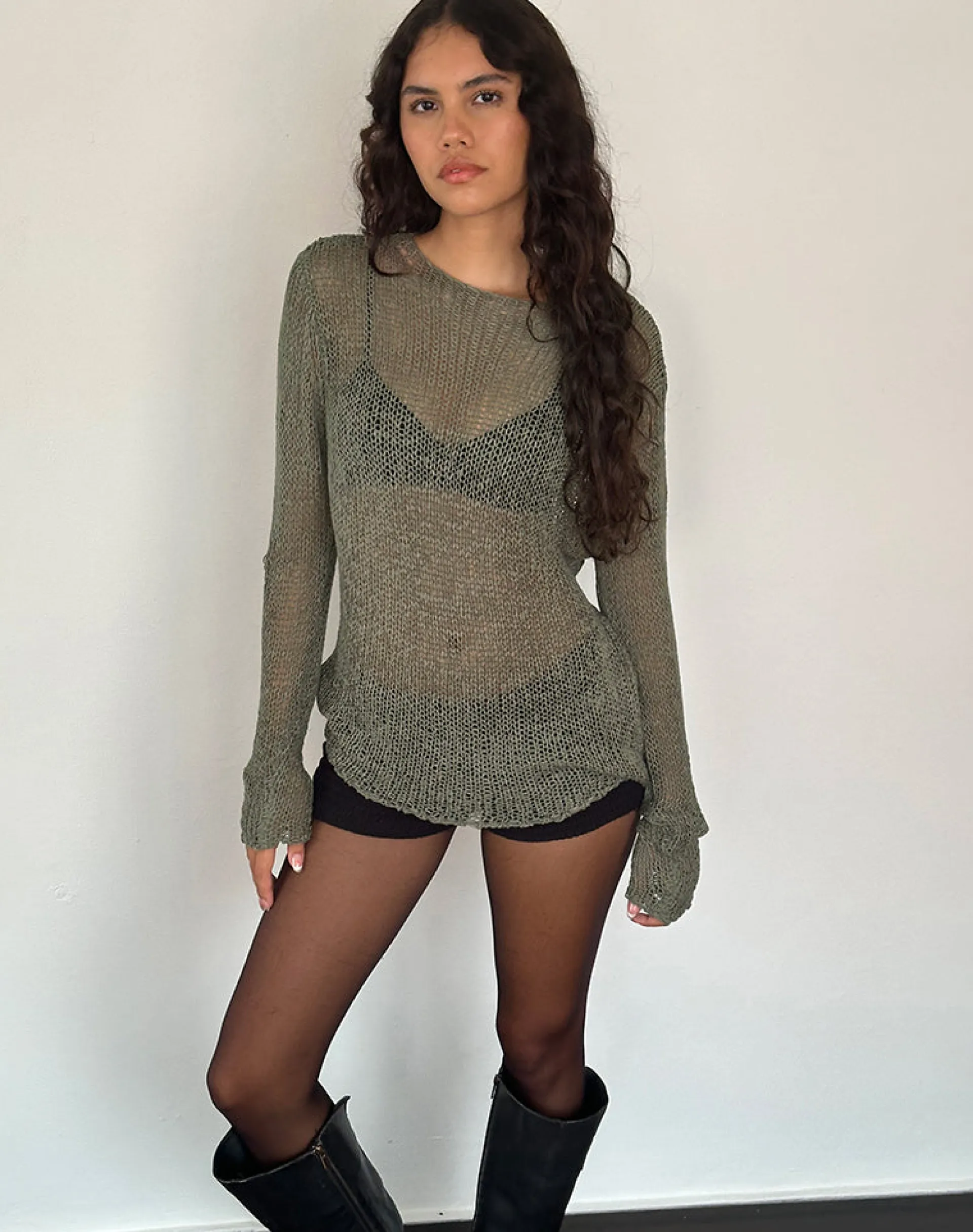 Motel Rocks Jumpers-Rajiya Open Weave Jumper in Olive