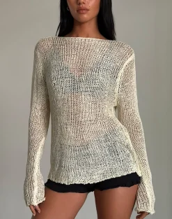 Motel Rocks Jumpers | Long Sleeve Tops-Rajiya Open Weave Jumper in Ivory