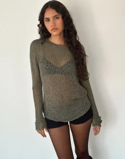 Motel Rocks Jumpers-Rajiya Open Weave Jumper in Olive