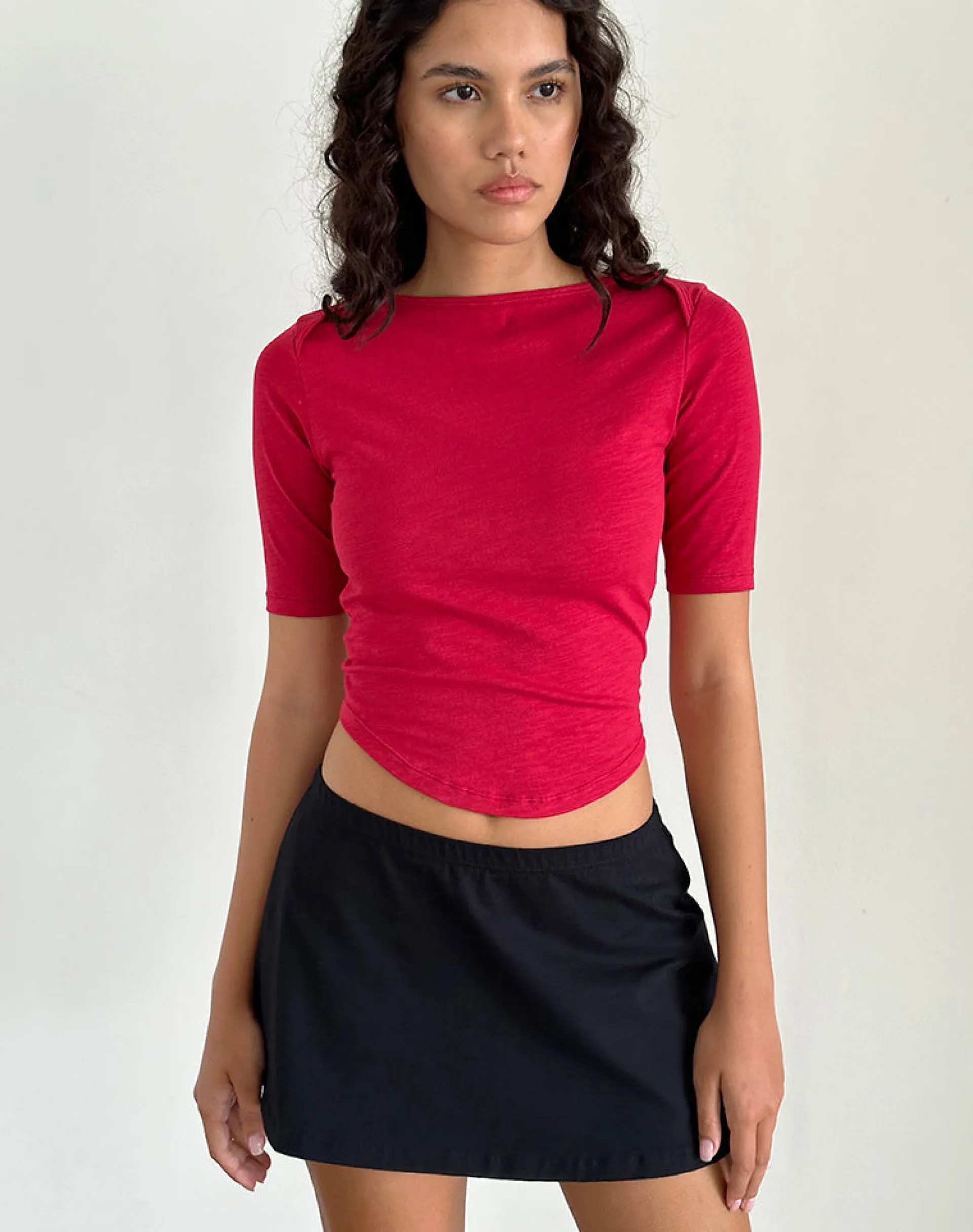 Motel Rocks Basics | Basic Tops-Ralda Curved Jersey Tee in Adrenaline Red AdrenalineRed