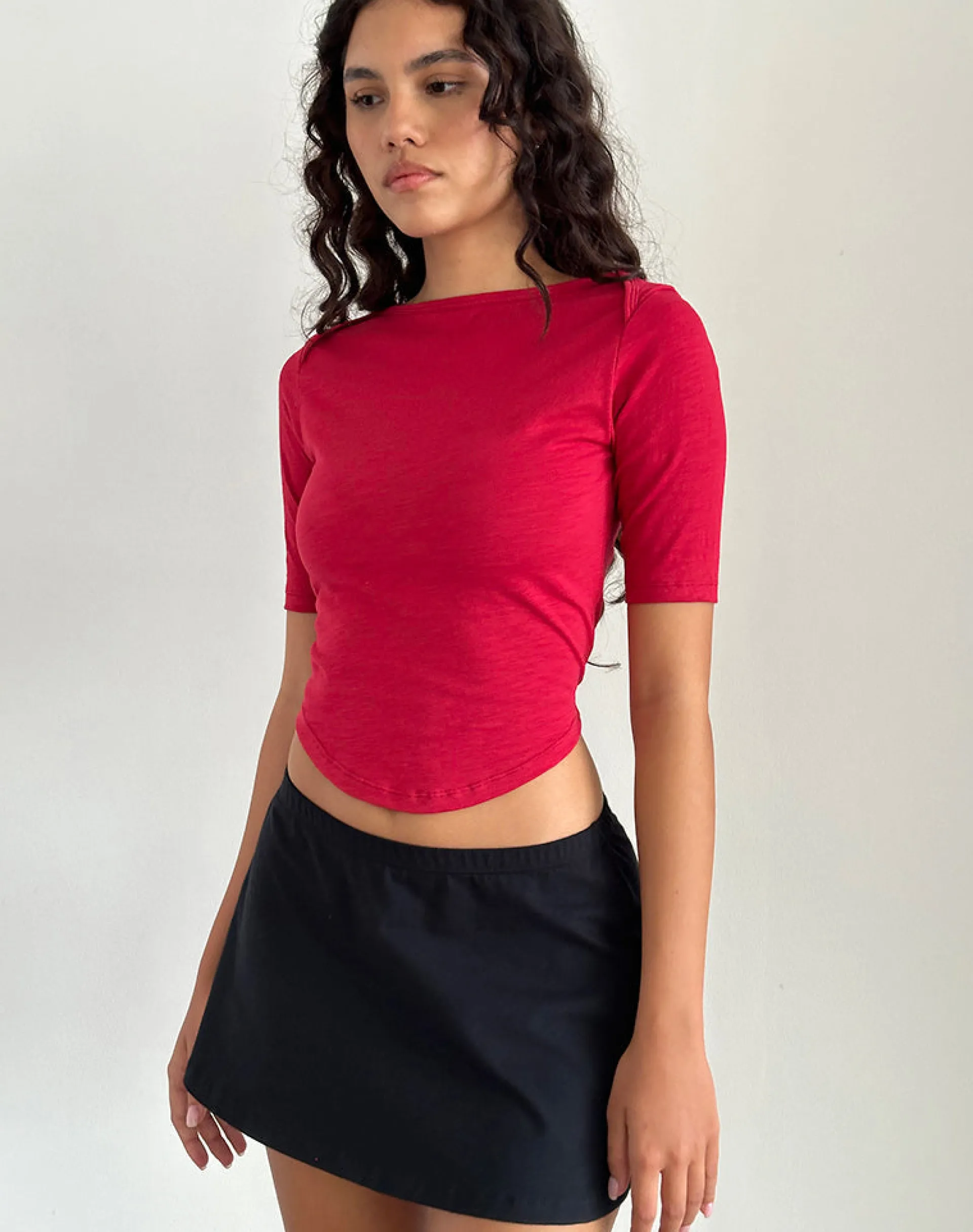 Motel Rocks Basics | Basic Tops-Ralda Curved Jersey Tee in Adrenaline Red AdrenalineRed