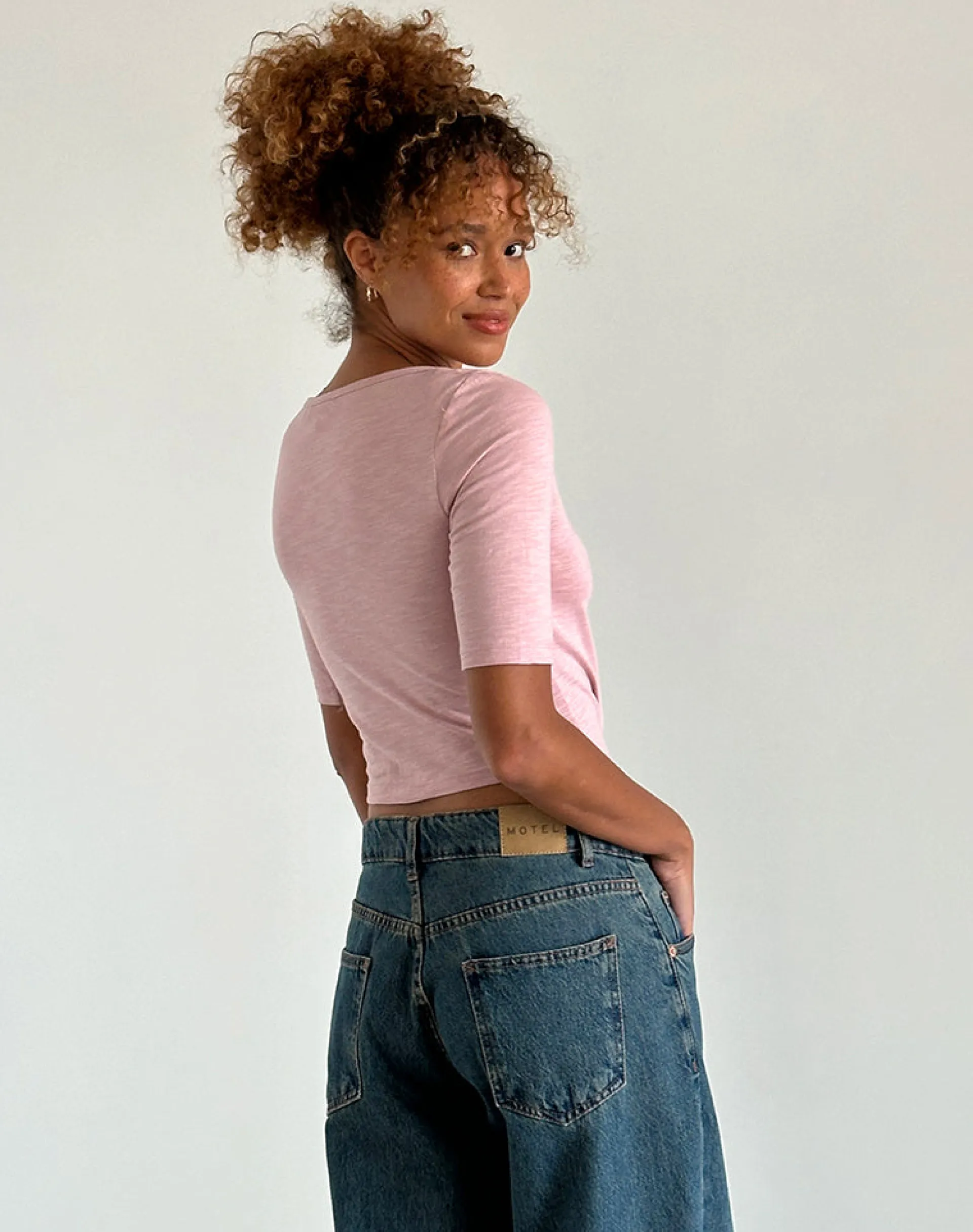 Motel Rocks Basics | Basic Tops-Ralda Curved Jersey Tee in Pink Lady PinkLady
