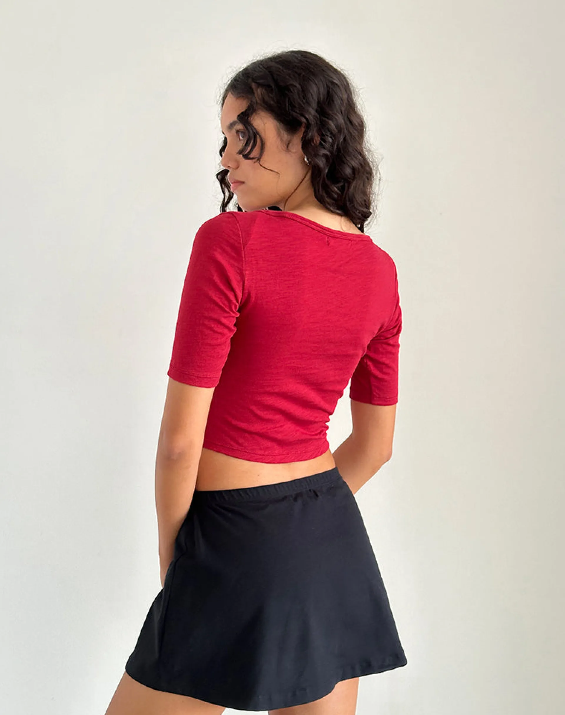 Motel Rocks Basics | Basic Tops-Ralda Curved Jersey Tee in Adrenaline Red AdrenalineRed