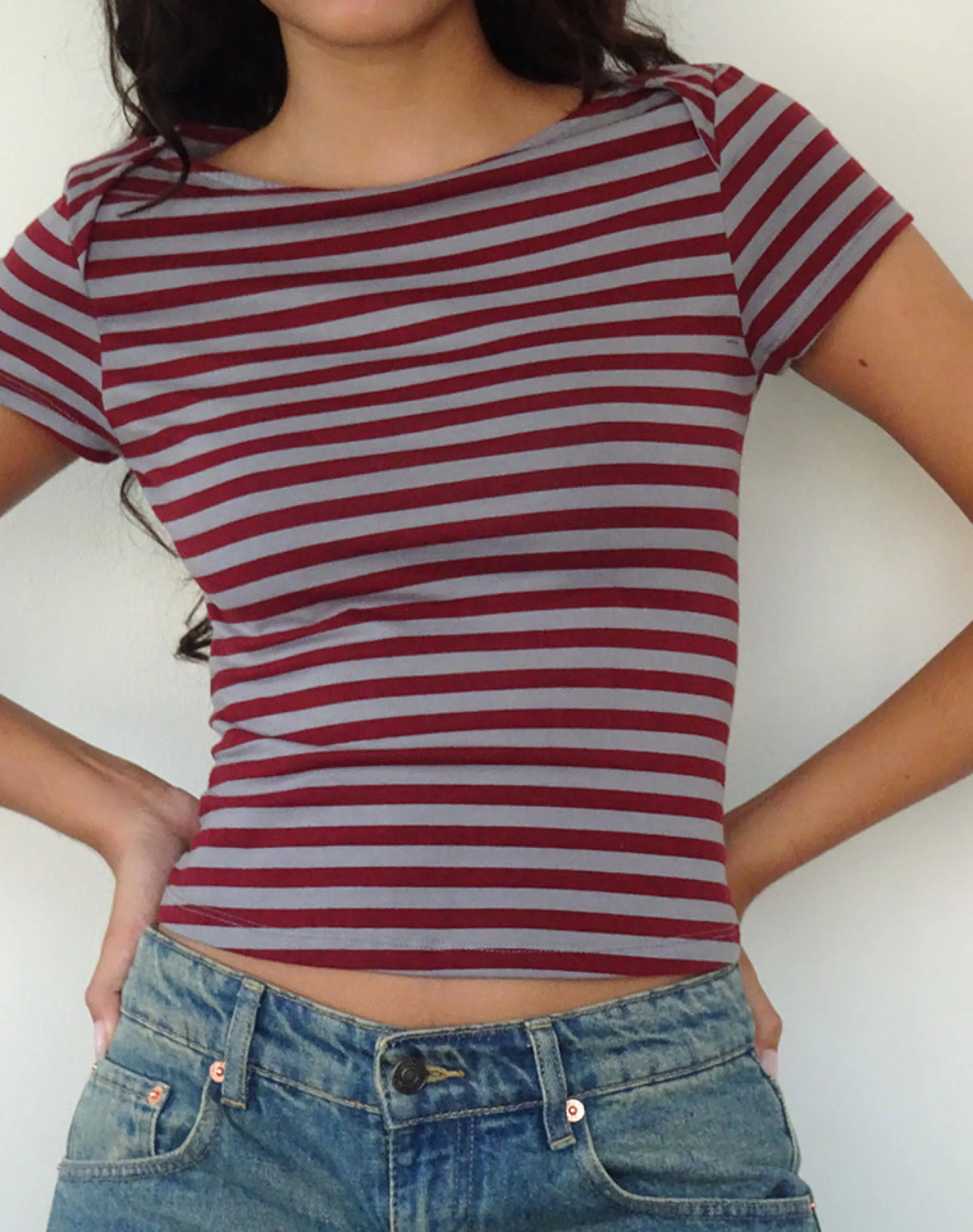 Motel Rocks Printed Tops | Tees-Ralina Short Sleeve Top in Mulberry Grey Stripes MulberryGreyStripes