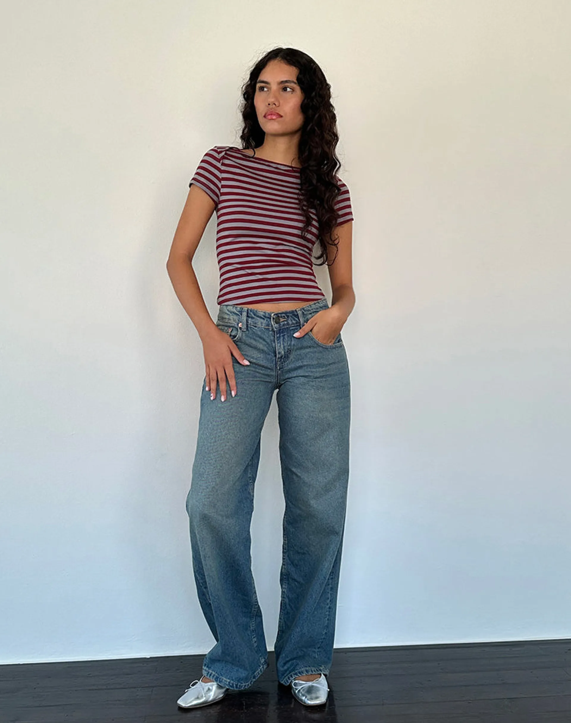 Motel Rocks Printed Tops | Tees-Ralina Short Sleeve Top in Mulberry Grey Stripes MulberryGreyStripes