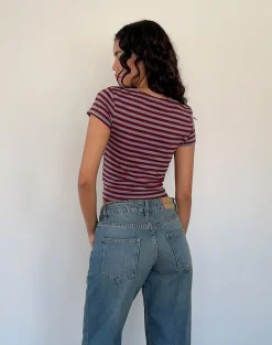 Motel Rocks Printed Tops | Tees-Ralina Short Sleeve Top in Mulberry Grey Stripes MulberryGreyStripes