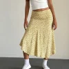 Motel Rocks Co-Ords | Printed Skirts-Rans Waterfall Hem Midi Skirt in Flowing Flower Yellow