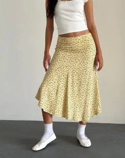 Motel Rocks Co-Ords | Printed Skirts-Rans Waterfall Hem Midi Skirt in Flowing Flower Yellow