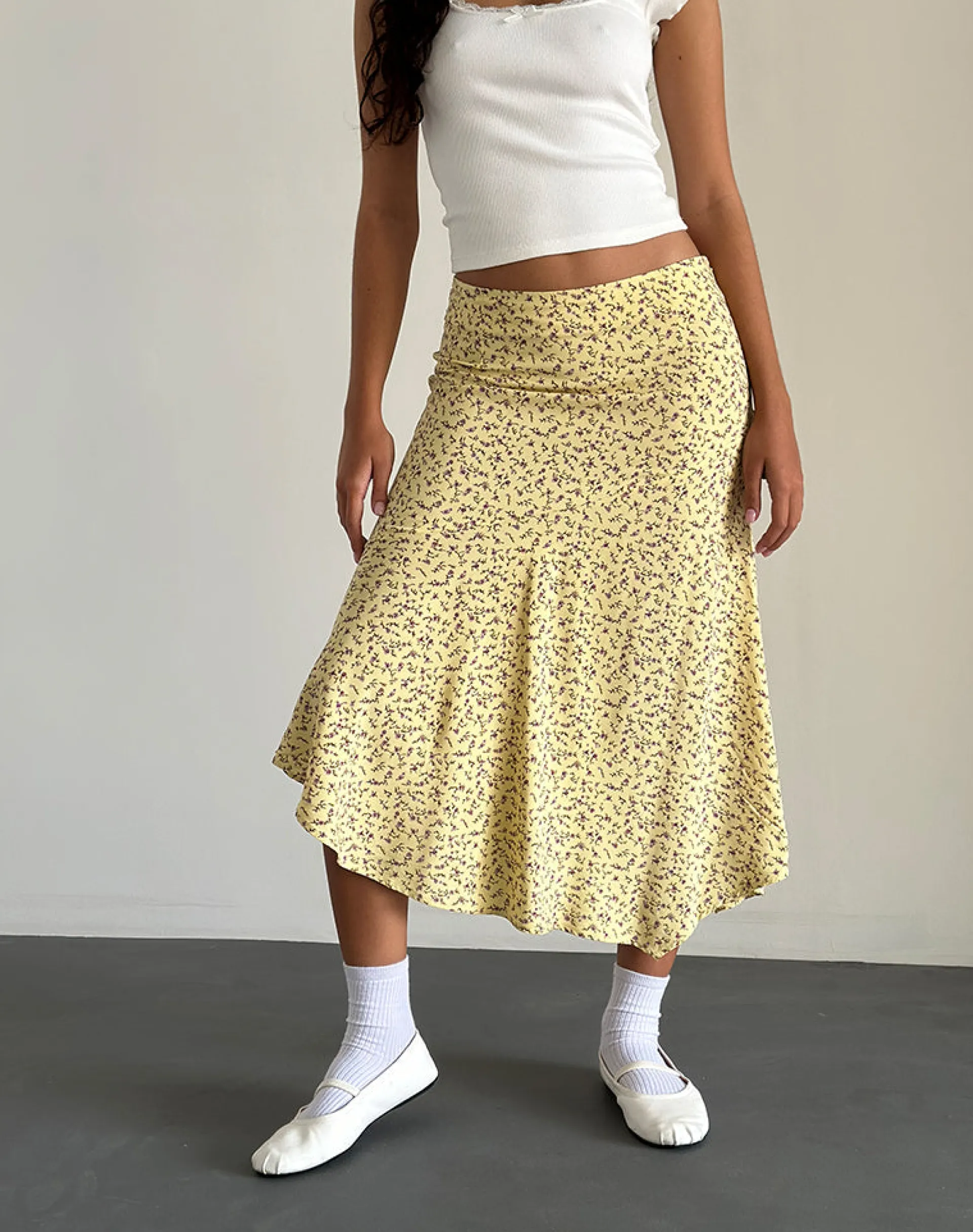 Motel Rocks Co-Ords | Printed Skirts-Rans Waterfall Hem Midi Skirt in Flowing Flower Yellow