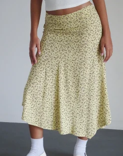 Motel Rocks Co-Ords | Printed Skirts-Rans Waterfall Hem Midi Skirt in Flowing Flower Yellow