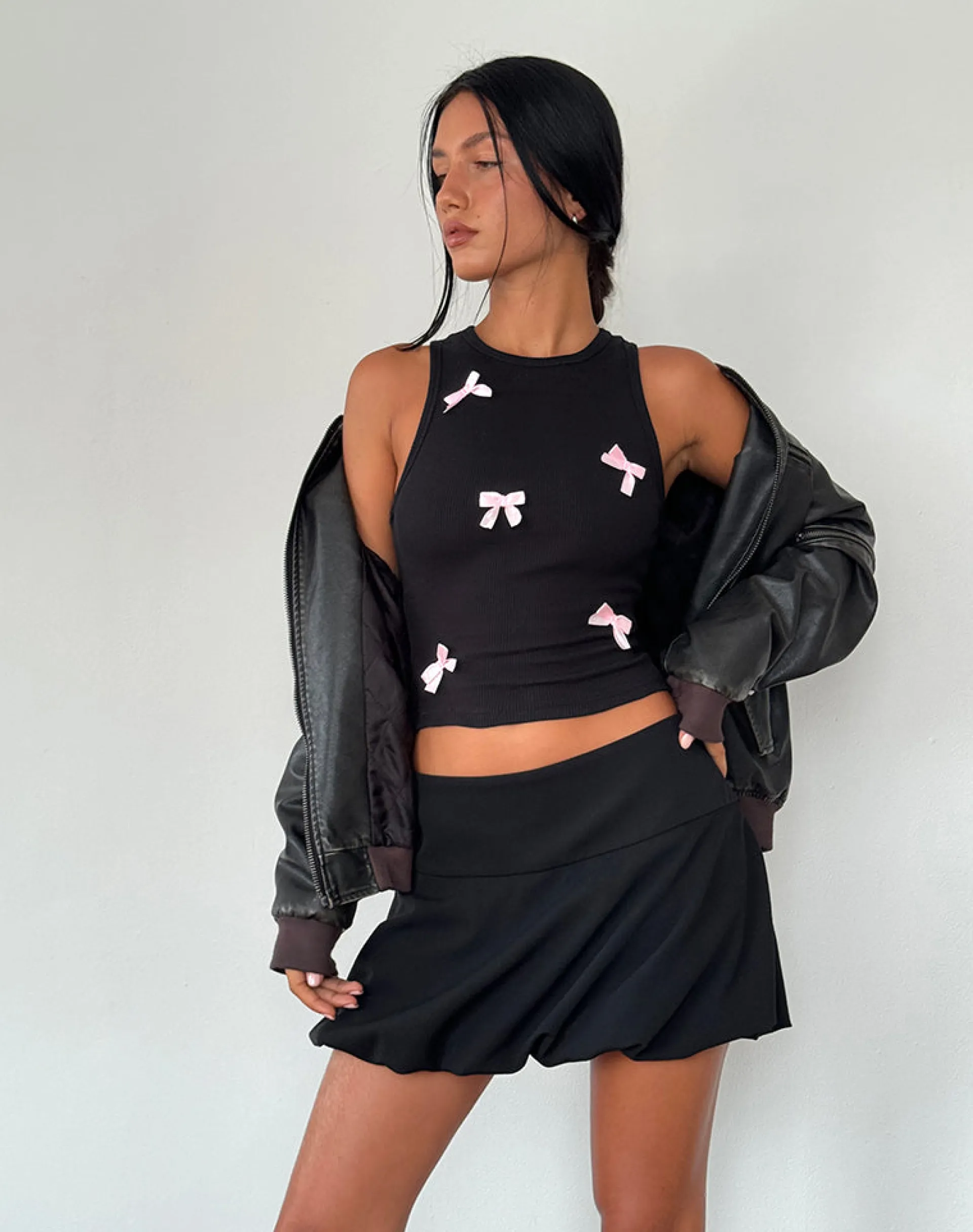 Motel Rocks Basics | Basic Tops-Rave Vest Top in Black with Pink Bows BlackwithPinkBows