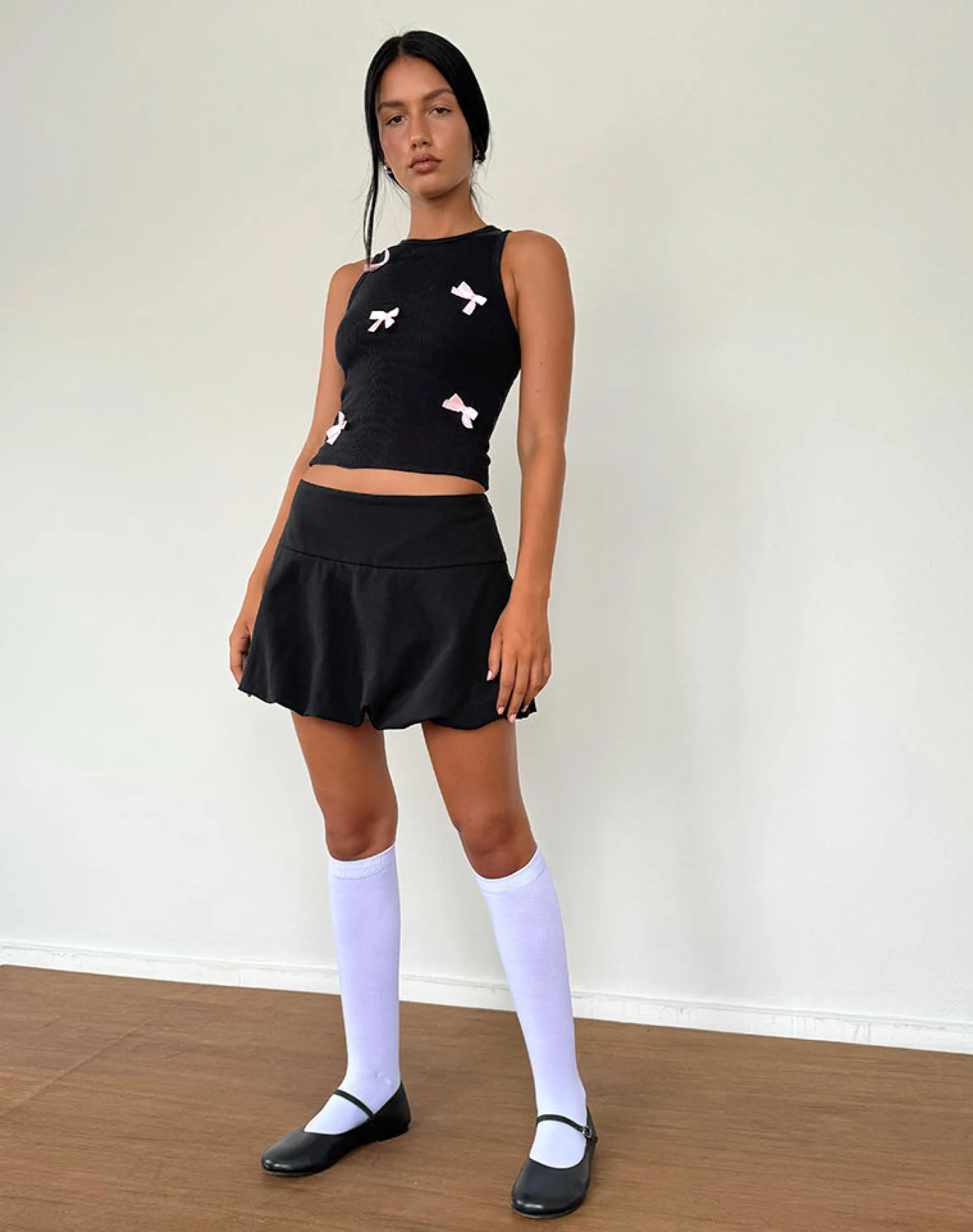 Motel Rocks Basics | Basic Tops-Rave Vest Top in Black with Pink Bows BlackwithPinkBows