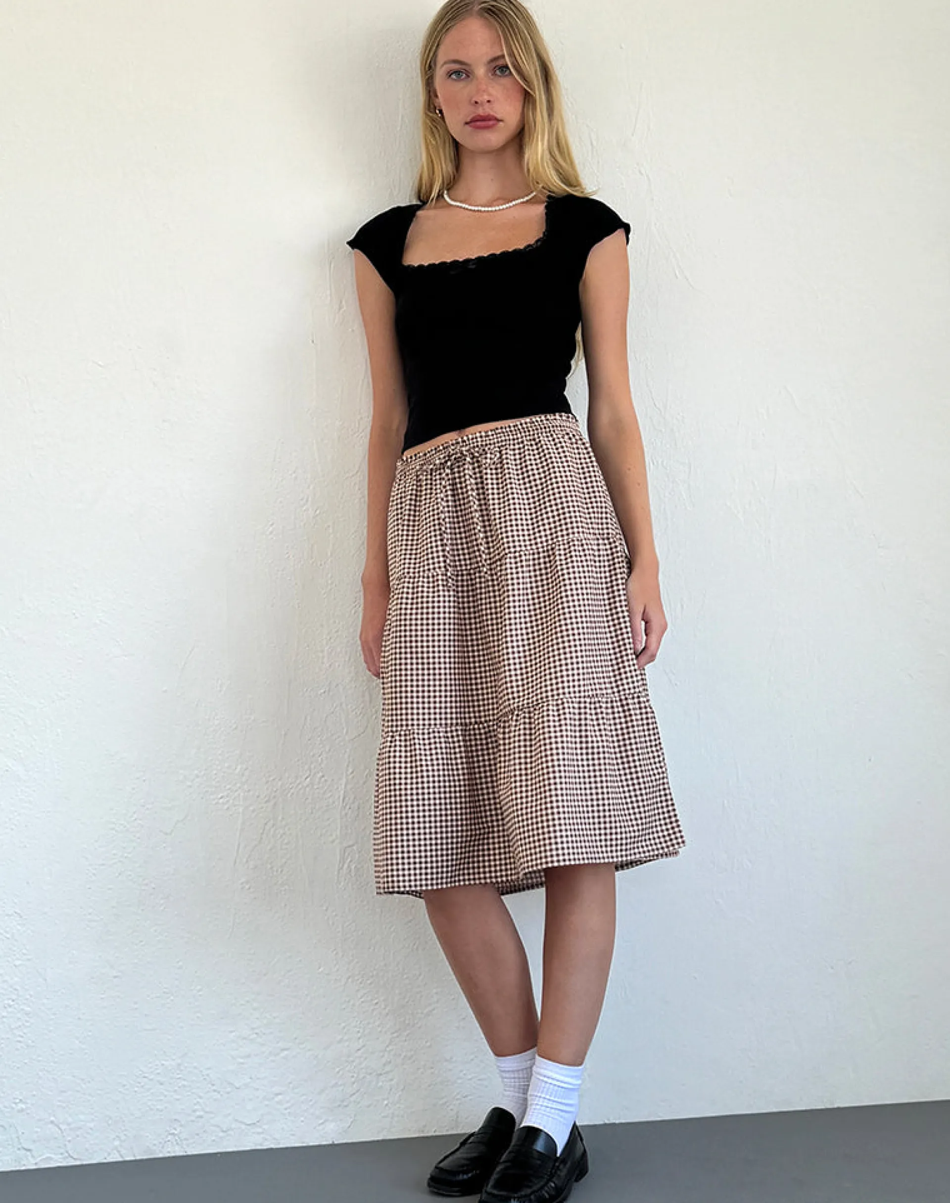 Motel Rocks Printed Skirts | Midi Skirts-Reef Midi Skirt in Mini Gingham Brown