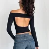 Motel Rocks Long Sleeve Tops-Reiba Long Sleeve Top in Black with Grey Binding
