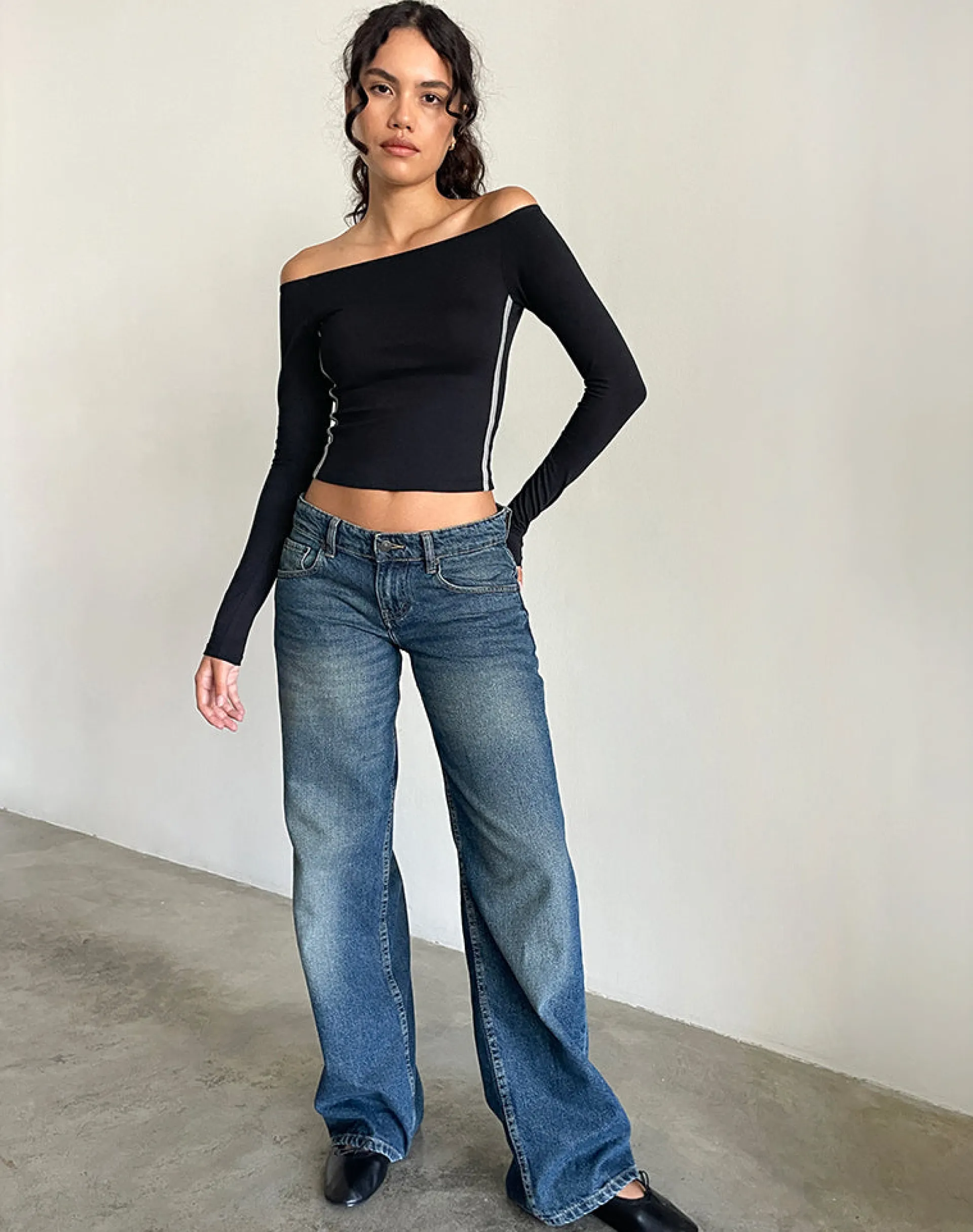 Motel Rocks Long Sleeve Tops-Reiba Long Sleeve Top in Black with Grey Binding