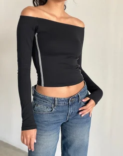 Motel Rocks Long Sleeve Tops-Reiba Long Sleeve Top in Black with Grey Binding