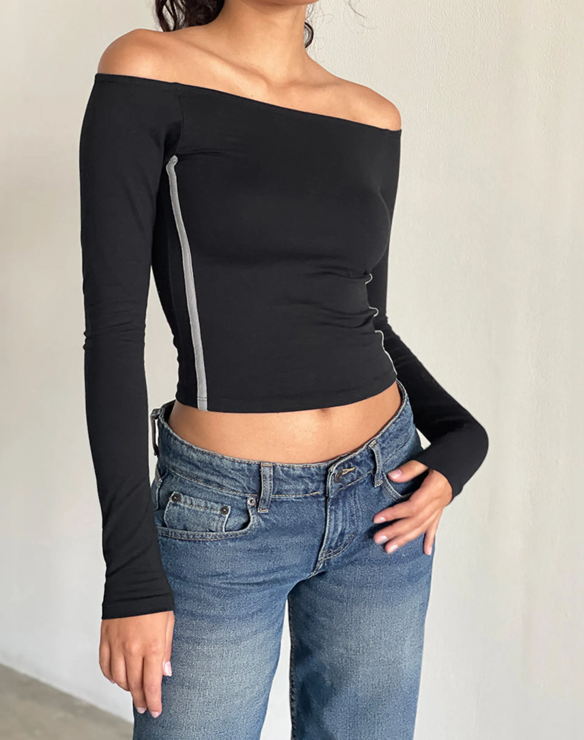 Motel Rocks Long Sleeve Tops-Reiba Long Sleeve Top in Black with Grey Binding