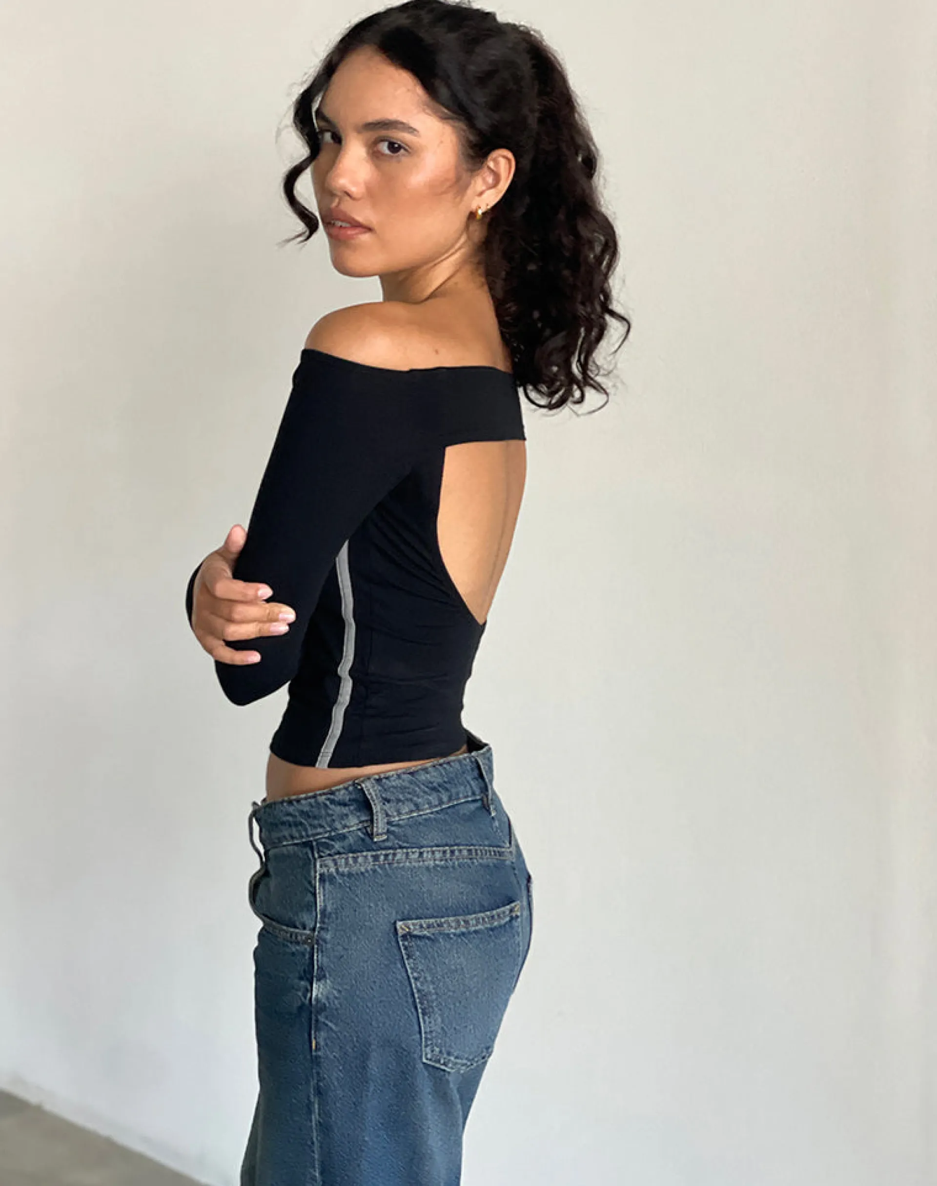 Motel Rocks Long Sleeve Tops-Reiba Long Sleeve Top in Black with Grey Binding