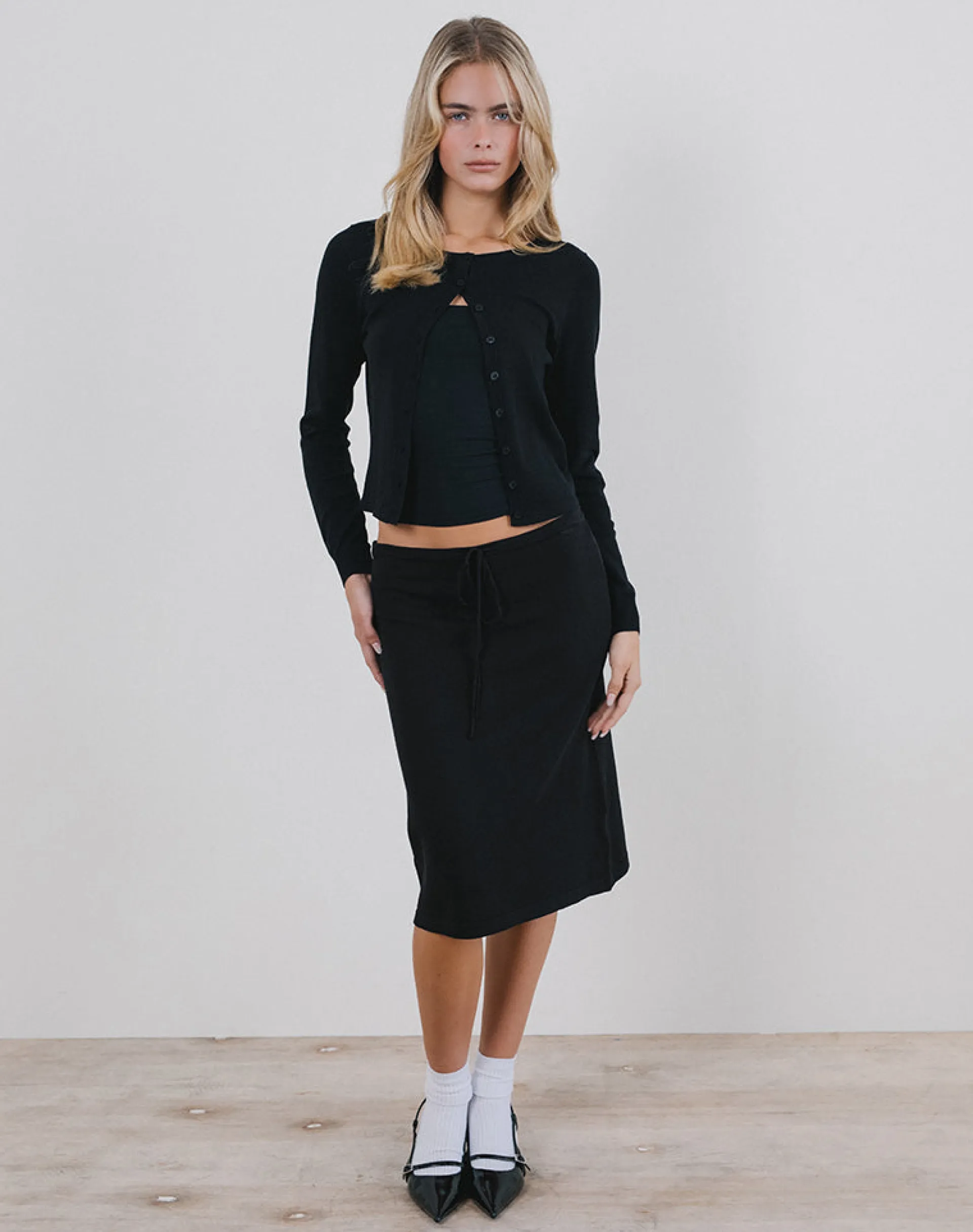 Motel Rocks Tailoring | A Line Skirts-Rella Midi Skirt in Flat Knit Black