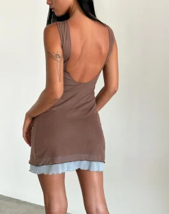 Motel Rocks Day Dresses | Bodycon Dresses-Ren Mini Dress in Mesh Brown with Light Blue