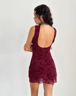 Motel Rocks Printed Dresses | Bodycon Dresses-Renata Mini Dress in Flocked Botanical Flower Maroon FlockedBotanicalFlowerMaroon