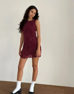 Motel Rocks Printed Dresses | Bodycon Dresses-Renata Mini Dress in Flocked Botanical Flower Maroon FlockedBotanicalFlowerMaroon
