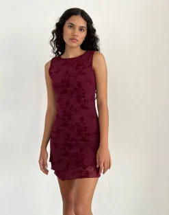 Motel Rocks Printed Dresses | Bodycon Dresses-Renata Mini Dress in Flocked Botanical Flower Maroon FlockedBotanicalFlowerMaroon
