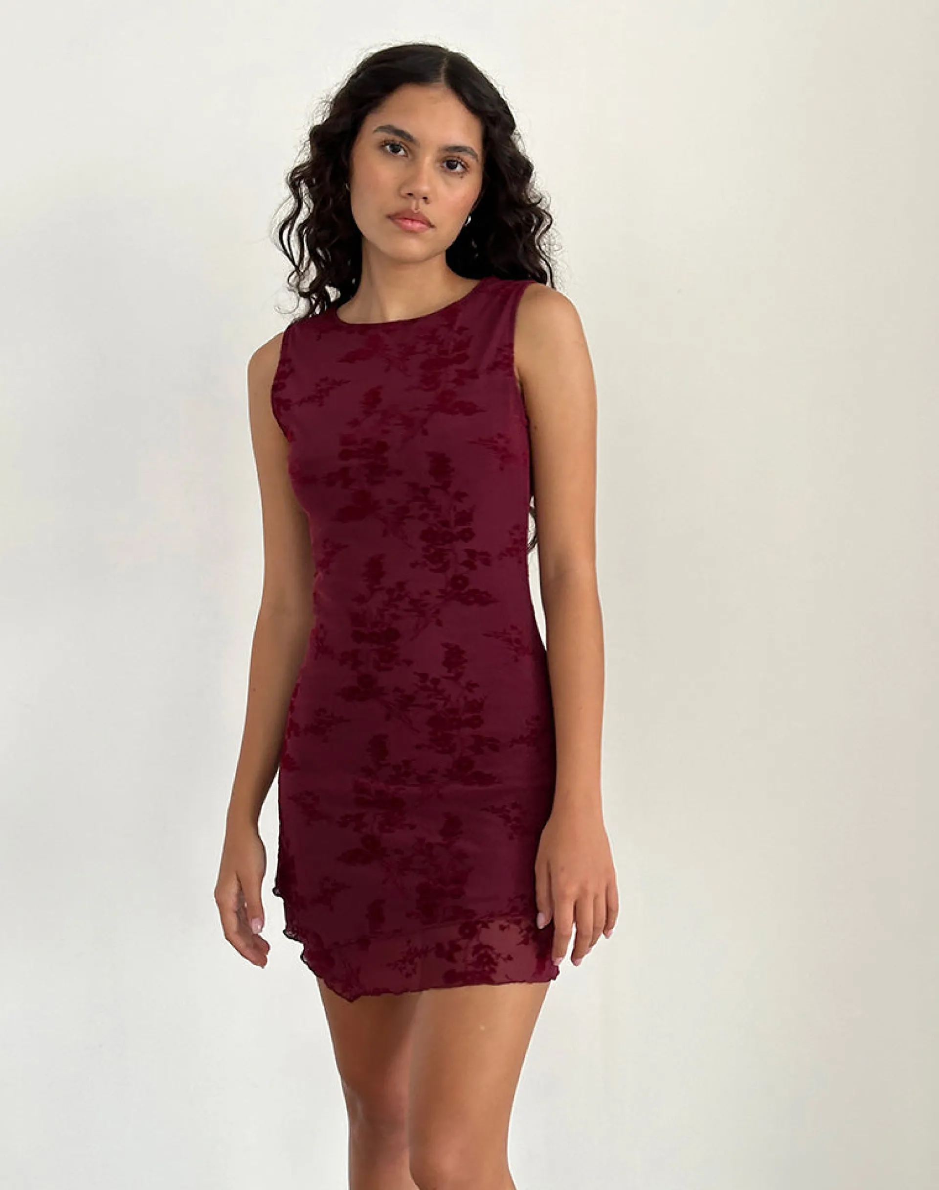 Motel Rocks Printed Dresses | Bodycon Dresses-Renata Mini Dress in Flocked Botanical Flower Maroon FlockedBotanicalFlowerMaroon