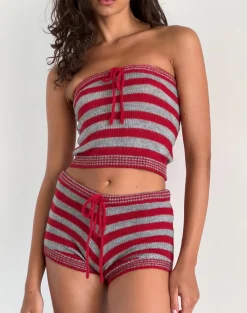 Motel Rocks Co-Ords-Renha Hot Pants in Red and Grey Stripe