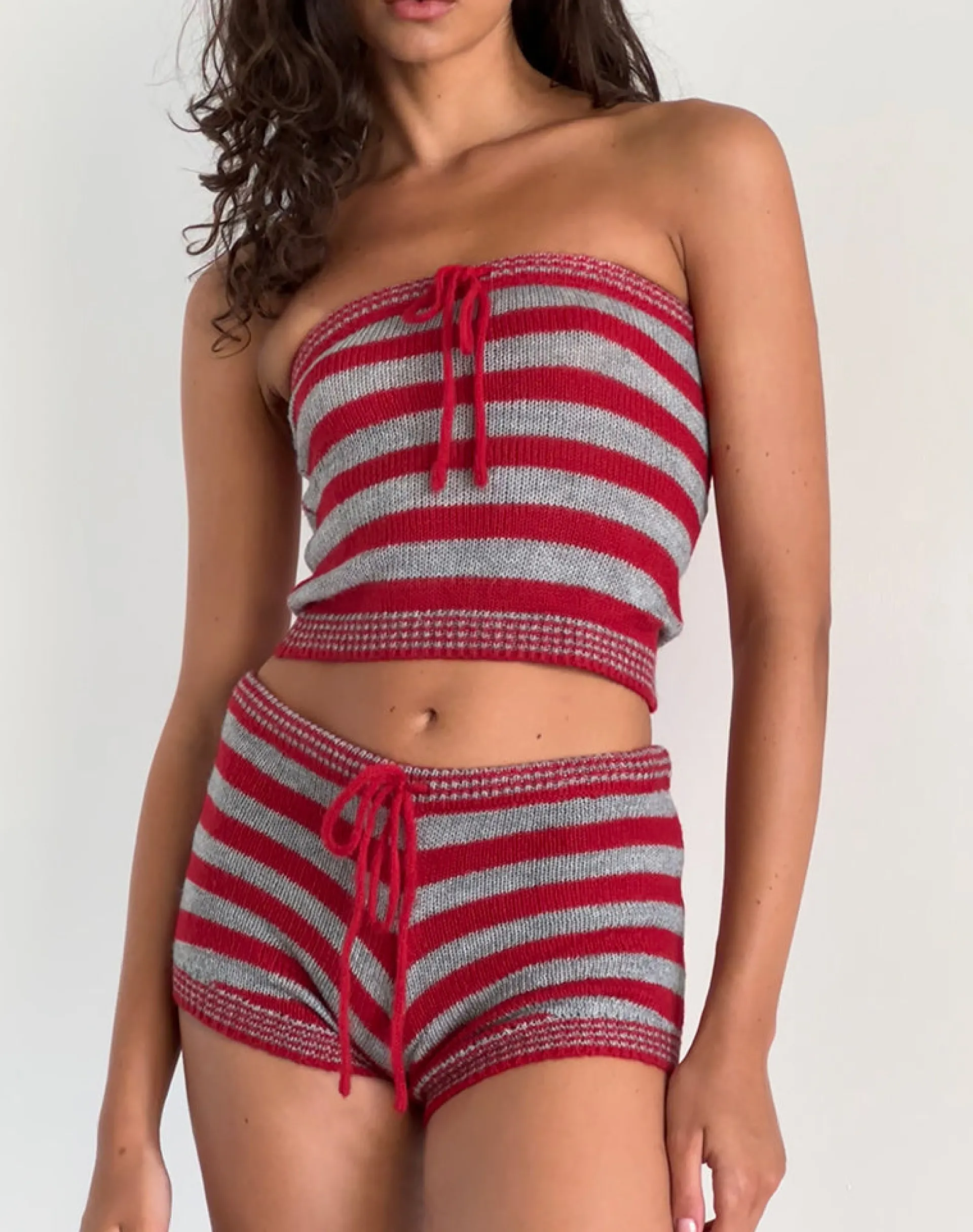 Motel Rocks Co-Ords-Renha Hot Pants in Red and Grey Stripe