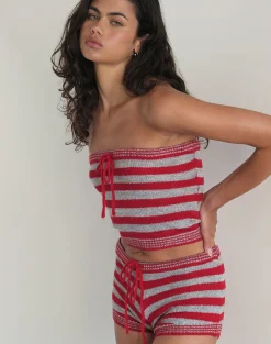 Motel Rocks Co-Ords-Renha Hot Pants in Red and Grey Stripe