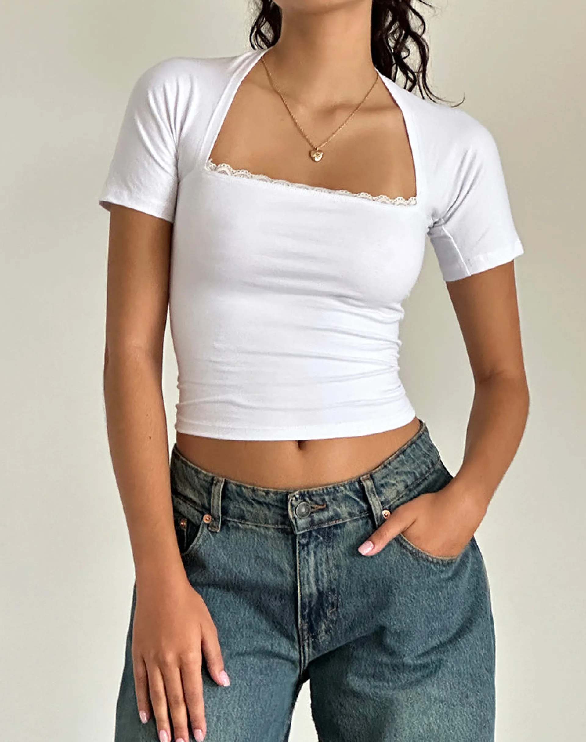 Motel Rocks Basic Tops-Reqla Top in White with Lace Trim
