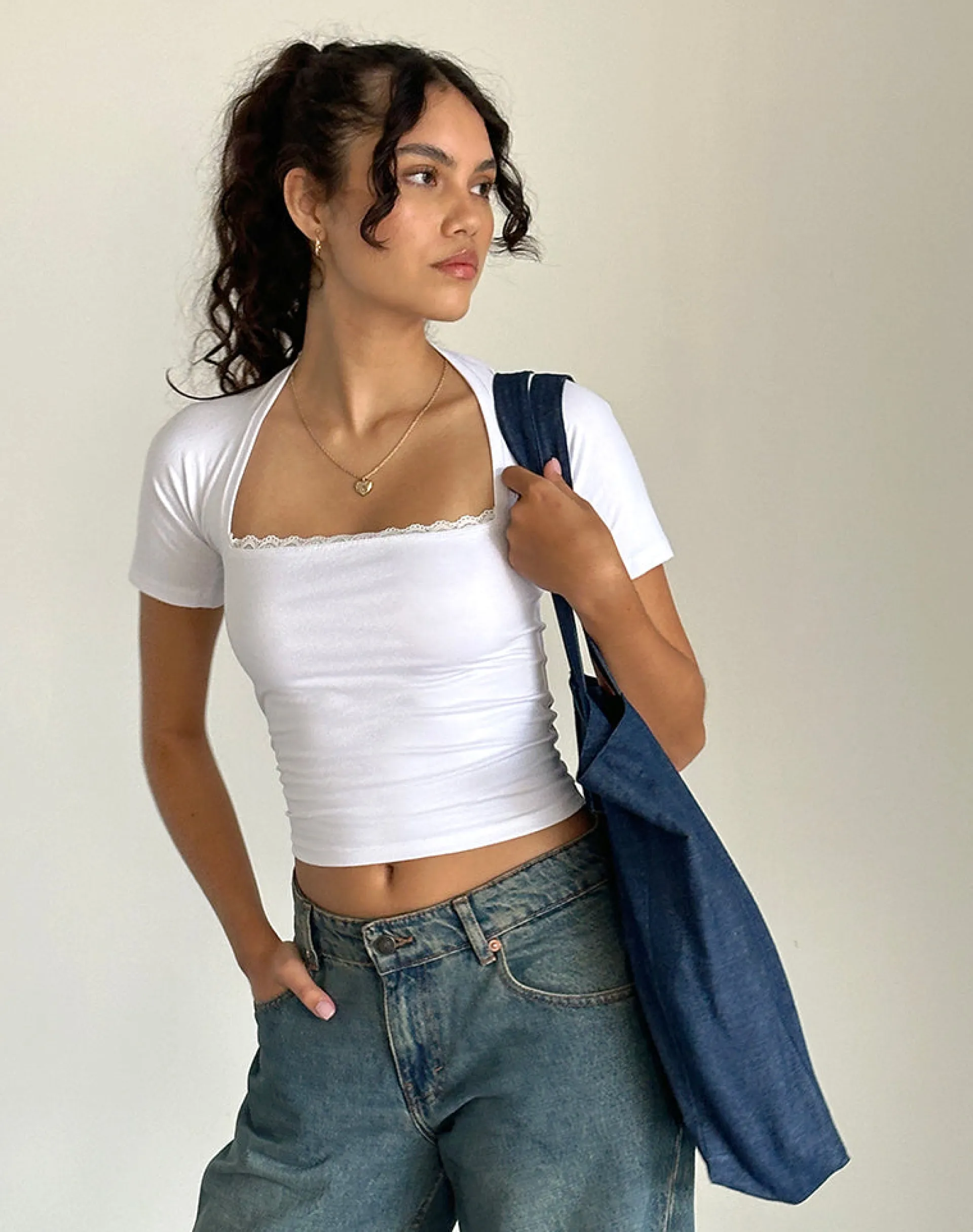 Motel Rocks Basic Tops-Reqla Top in White with Lace Trim