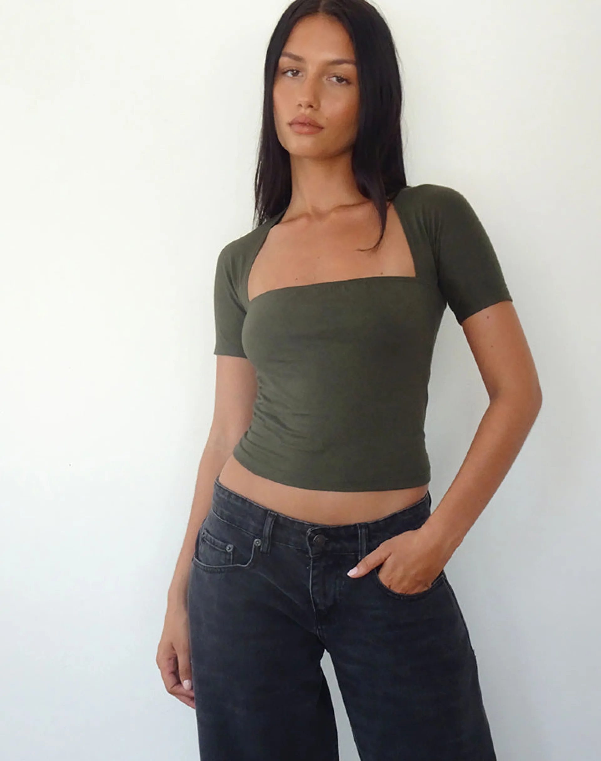 Motel Rocks Basic Tops | Tees-Requa Crop Top in Olive