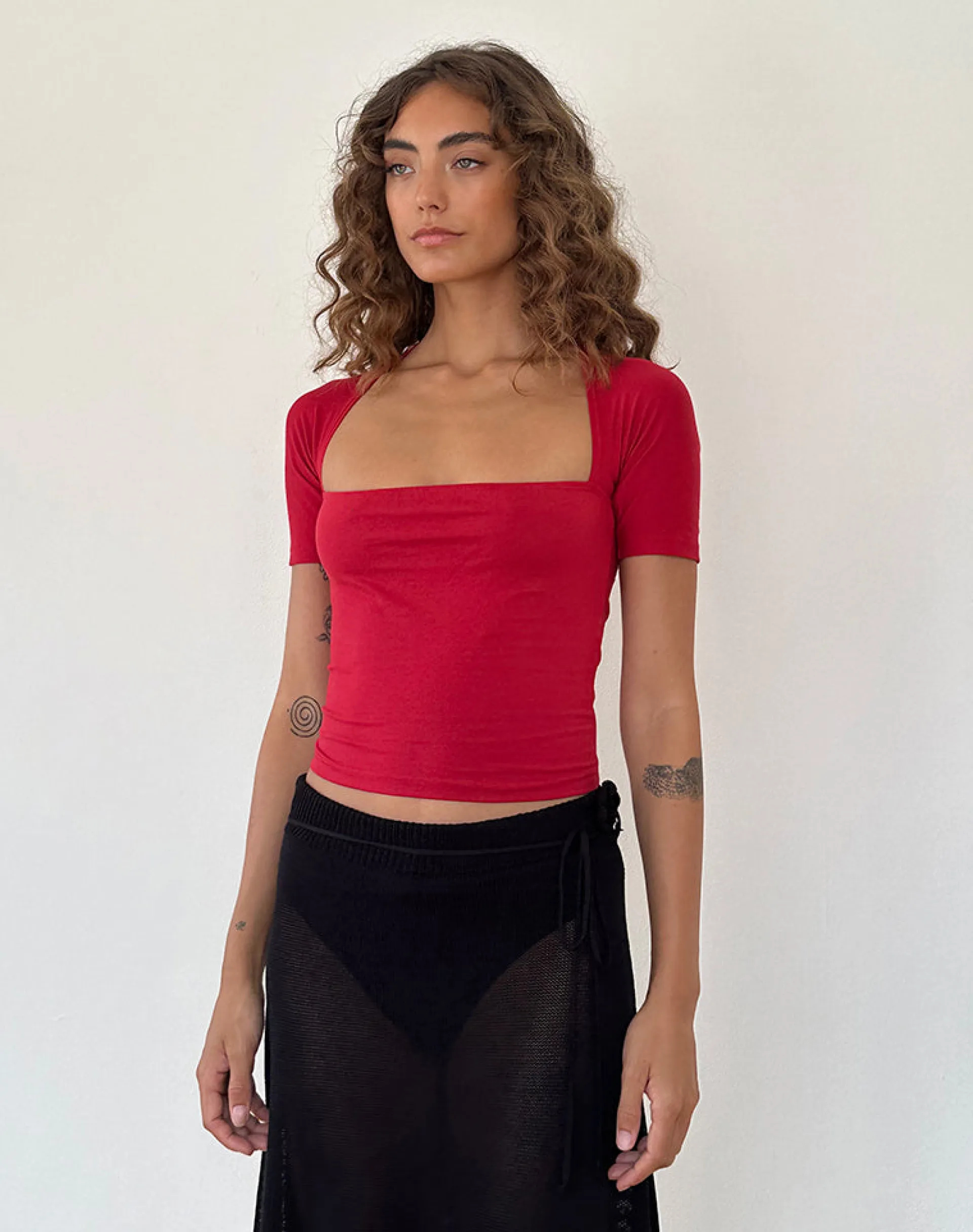 Motel Rocks Basic Tops | Tees-Requa Short Sleeve Square Neck Top in Adrenaline Red AdrenalineRed