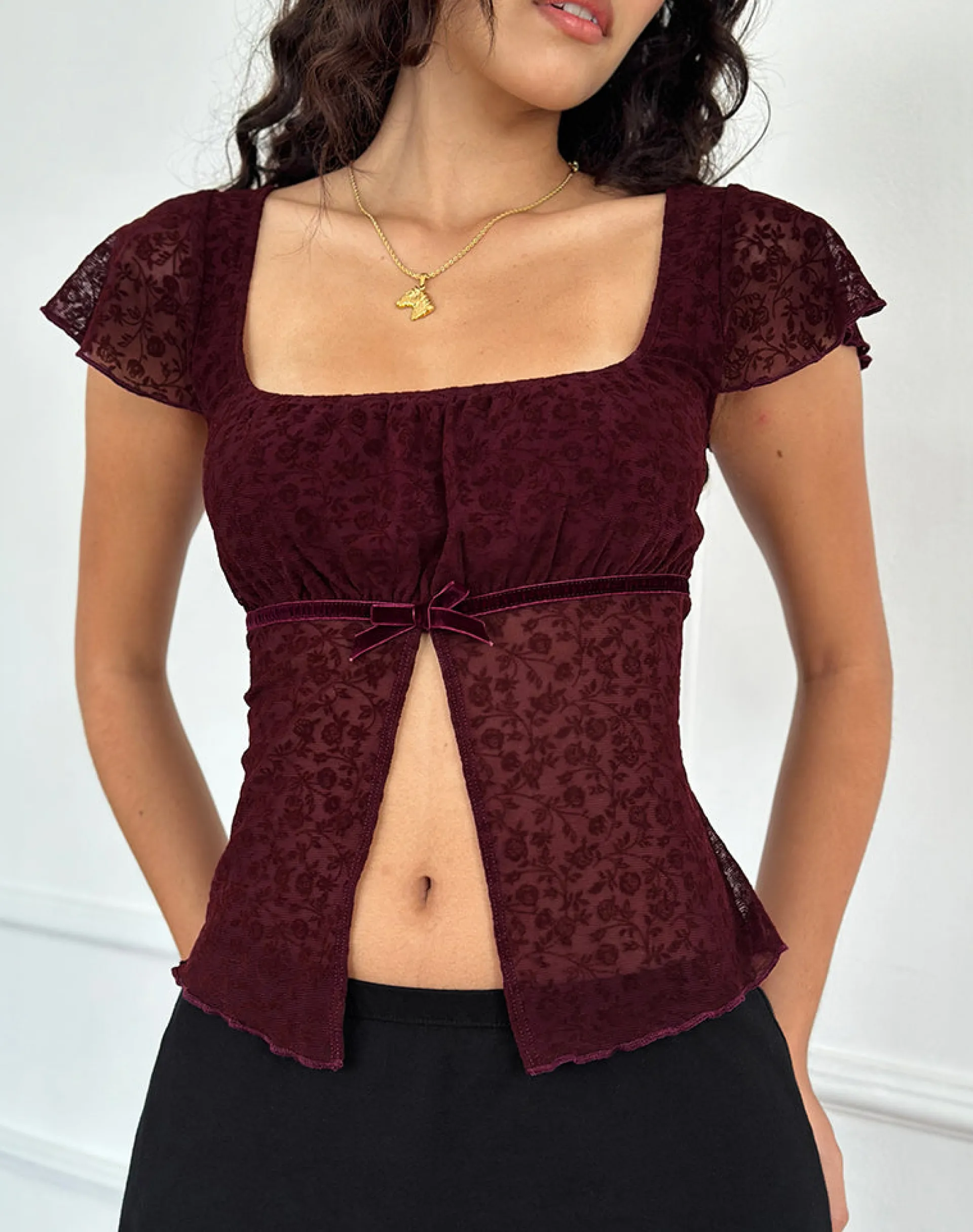 Motel Rocks Crop Tops | Going Out Tops-Retina Top in Ditsy Flock Burnt Maroon