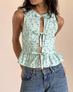 Motel Rocks Vest Tops | Printed Tops-Revata Tie Front Top in Pretty Petal Green