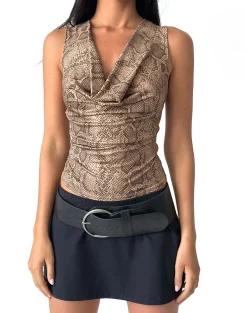 Motel Rocks Printed Tops | Going Out Tops-Rexine Cowl Neck Top in Brown Snake Print
