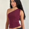 Motel Rocks Going Out Tops-Rhian One Shoulder Top in Mesh Maroon