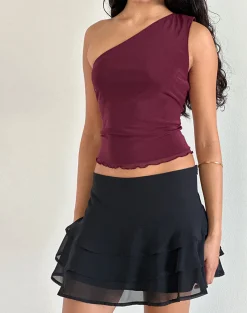 Motel Rocks Going Out Tops-Rhian One Shoulder Top in Mesh Maroon