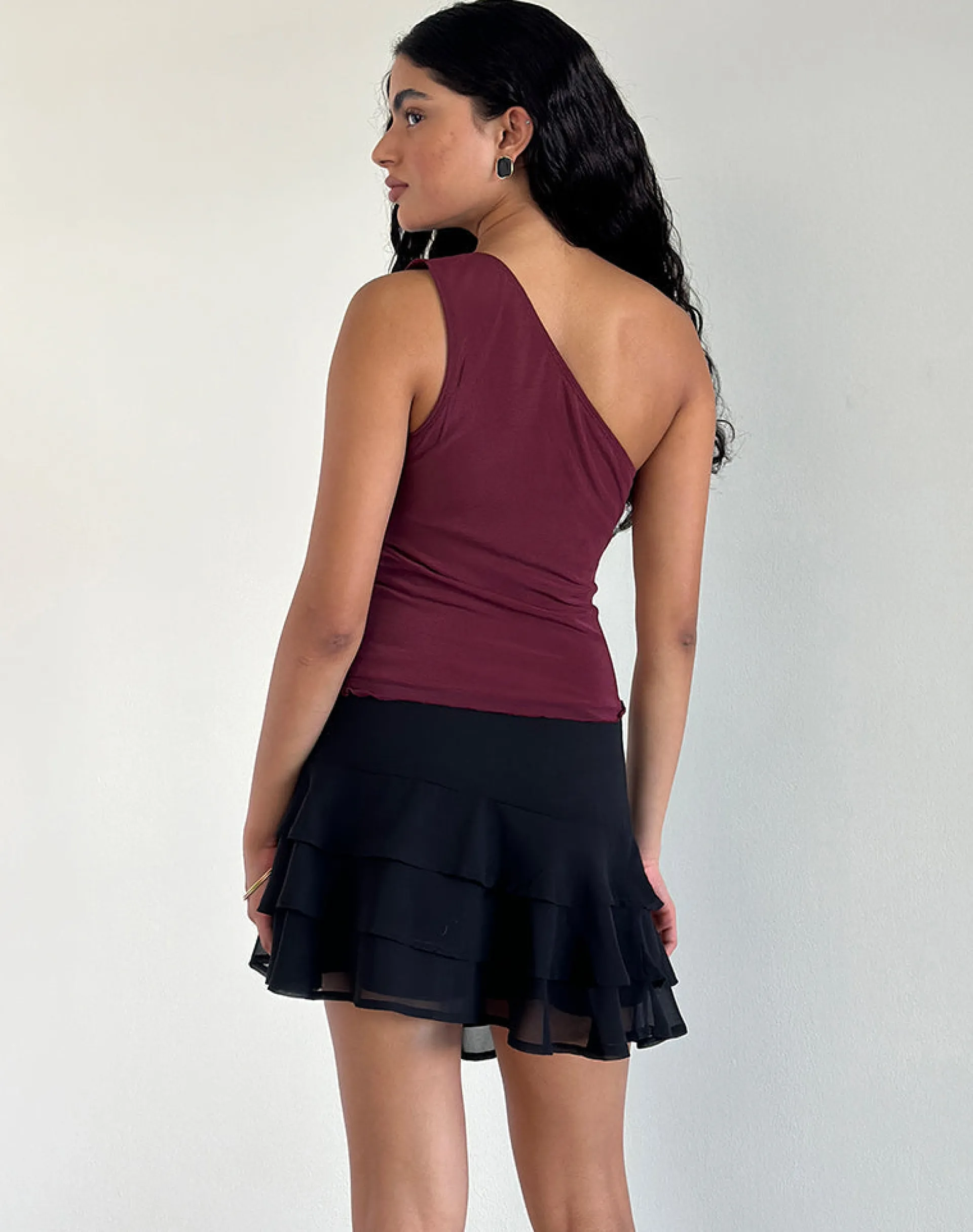Motel Rocks Going Out Tops-Rhian One Shoulder Top in Mesh Maroon